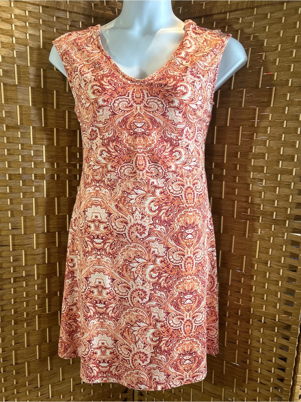 Title Nine Paisley V Neck Sleeveless Stretch Travel Dress Orange Red Cream Large